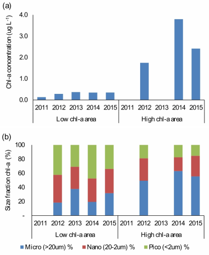2011년부터 2015년까지 연구지역에서 늦은 하계기간 동안의 총 엽록소 a 연별 변화(a) 및 크기별 농도의 낮은 해역(1 ugL-1) 간의 비교 (단위: ugL-1)