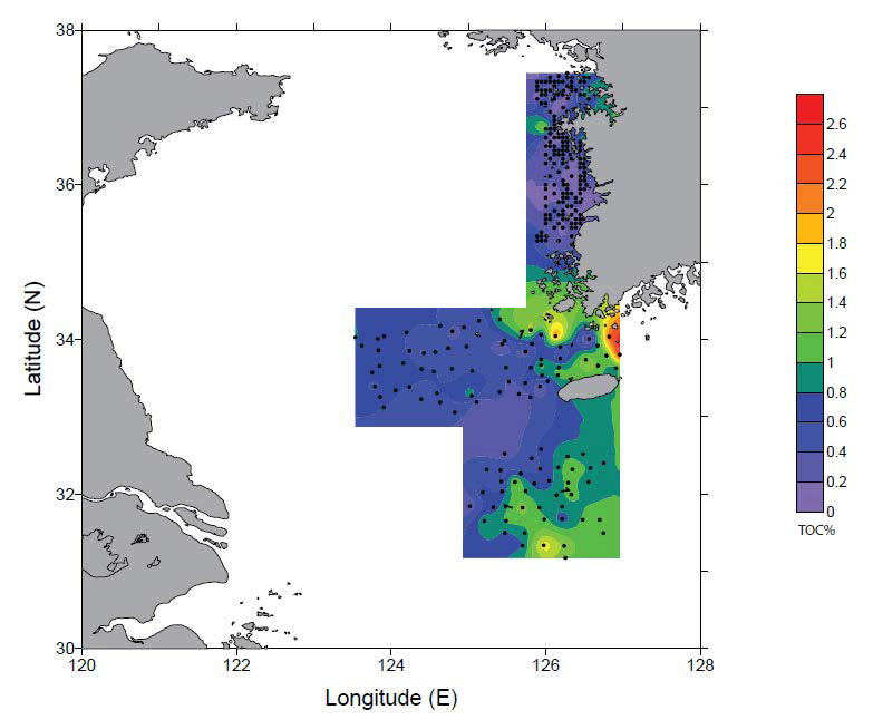 Distribution of Total Organic Carbon (TOC (%)) in the surface sediments of the southeastern Yellow Sea.