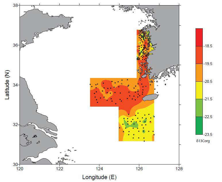 Distribution of δ13C (‰) in the surface sediments of the southeastern Yellow Sea.