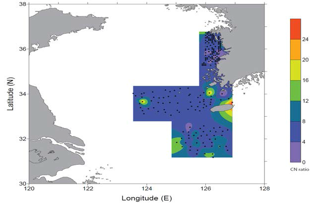 Distribution of C/N ratio in the surface sediments of the southeastern Yellow Sea.