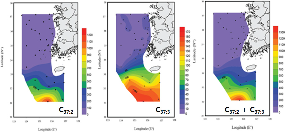 Distribution of alkenone C37:2, C37:3, C37:2+37:3 concentration (ng/g) in the surface sediments of the southeastern Yellow Sea.