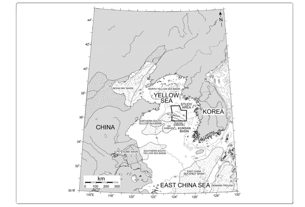 Bathymetry and major Cenozoic basins of the Yellow Sea and vicinity (from Lee et al., 2006). Bathymetric contours are in 50 meters.