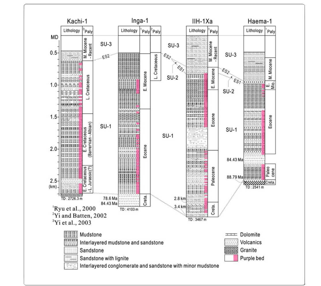 Lithology and biostratigraphy of exploratory wells (Kachi-1, Inga-1, IIH-1Xa, Haema-1) in the Kunsan Basin