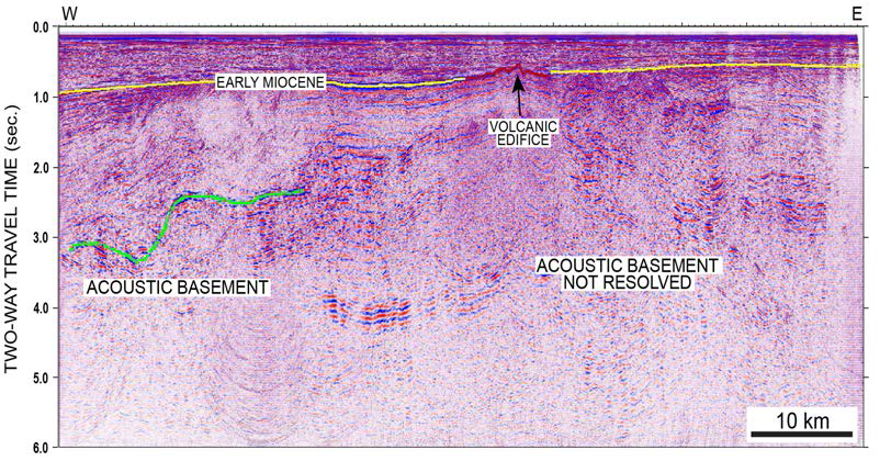 Interpretation of seismic profile section crossing with E-W direction the center of the northeastern part of the Kunsan Basin (Survey line A in Fig. 3-2-3). The acoustic basement is locally recognized.