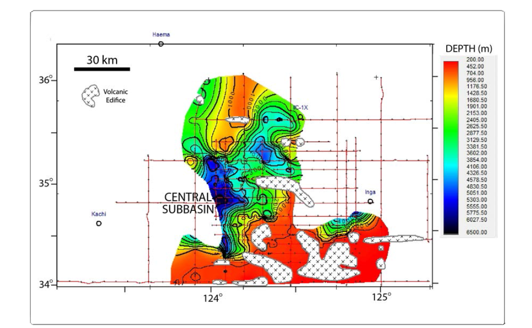 Isopach map of the total sediments on the acoustic basement in the Kunsan Basin.