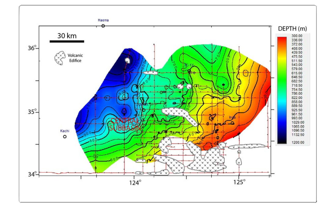 Depth distribution of the early Miocene unconformity in the Kunsan Basin.