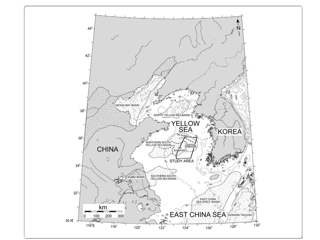 Bathymetry and and major Cenozoic basins in the Yellow Sea and vicinity. Contour interval is 50 meters.