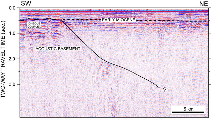 Seismic reflection profile (Line 1 in Fig. 3-2-11) showing a basin-bounding fault in the Kunsan Basin.