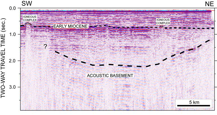 Seismic reflection profile (Line 2 in Fig. 3-2-11) delineating the acoustic basement in the Kunsan Basin.