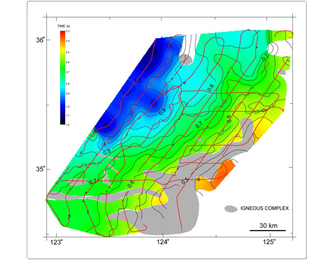 Time-structure map of the late-Miocene unconformity and the track lines of 2006 seismic reflection profiles. Contour interval is 0.05 second (TWTT).