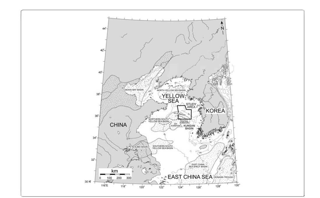 Bathymetry and major Cenozoic basins of the Yellow Sea and vicinity, including the northeastern part of the Kunsan Basin. Contours are in 50 meters.