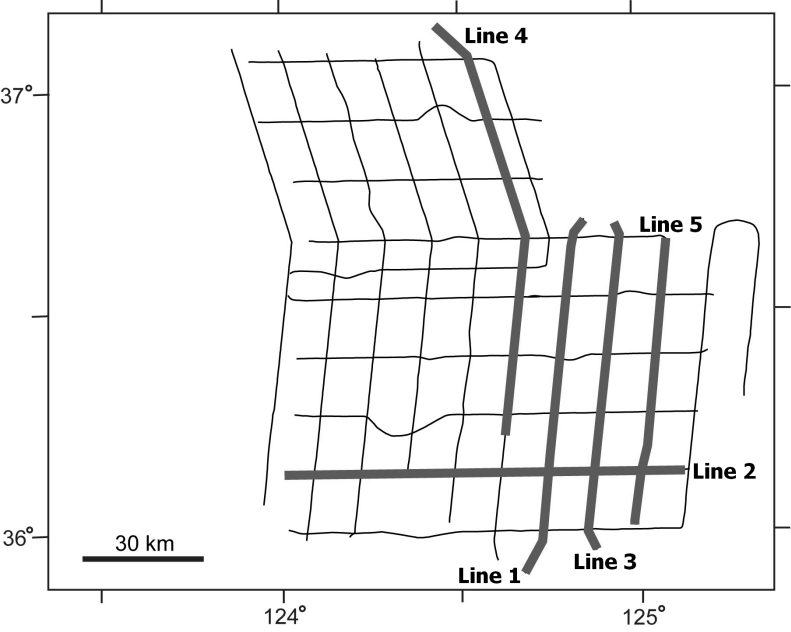 Track lines of seismic reflection profiles acquired in the Kunsan Basin in 2007.