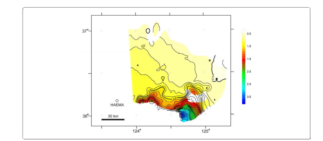 Time-structure map of the acoustic basement in the Kunsan Basin. Contour interval is 0.5 second (TWTT).