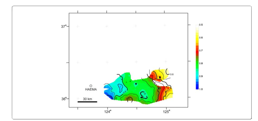 Time-structure map of the late-Miocene unconformity in the Kunsan Basin. Contour interval is 0.5 second (TWTT).