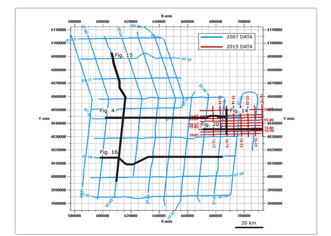 Location of air-gun seismic profiles in the Kunsan Basin. Blue and red lines denote seismic profiles acquired in 2007 and 2015, respectively. The seismic profiles shown in the text are represented by thick black lines with figure number.