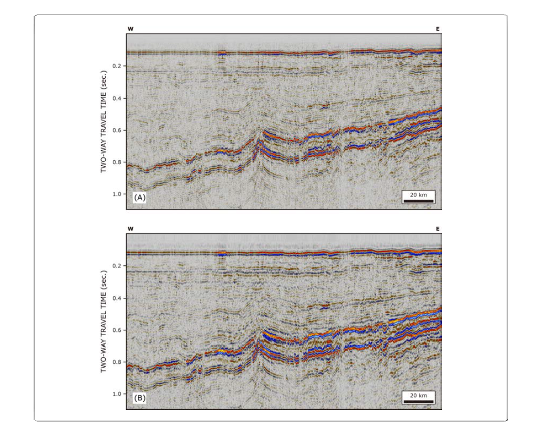 Seismic profile before (A) and after structural smoothing (B), respectively.