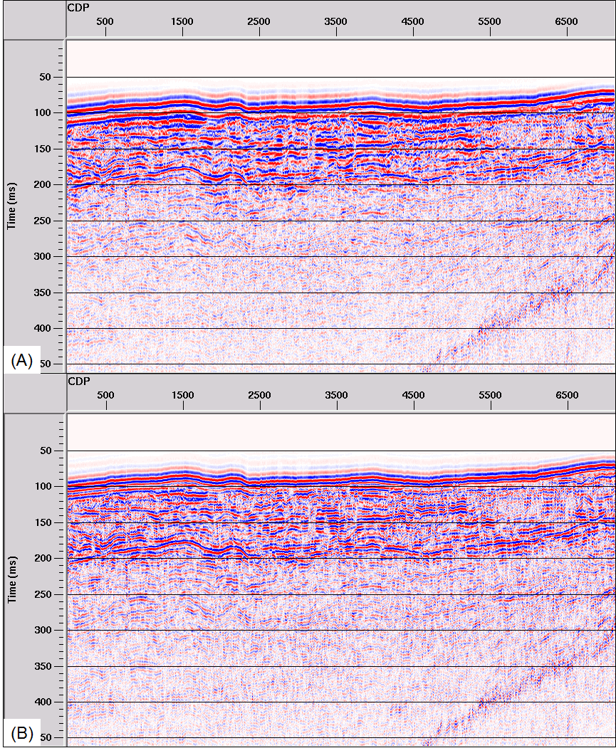 Stack section before (A) and after bandpass filtering (B).