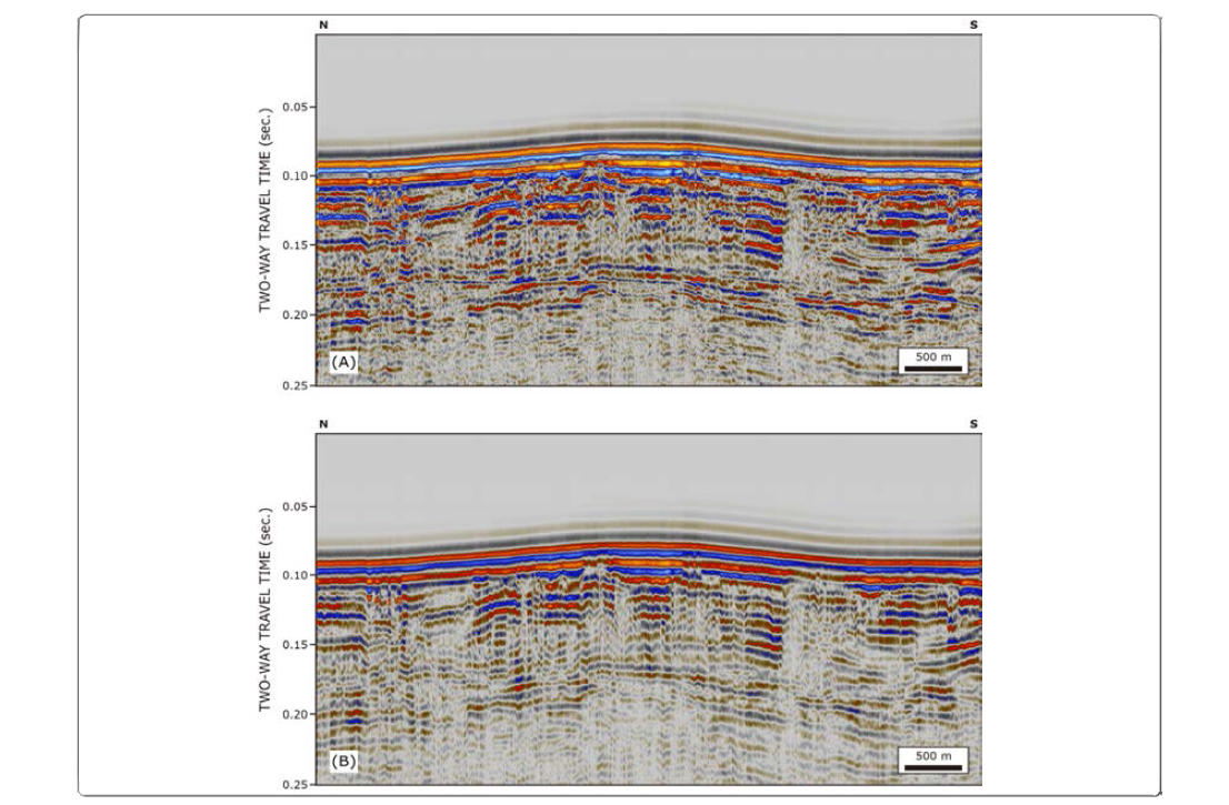 24 channel air-gun seismic profile acquired in 2015 before (A) and after structural smoothing (B).