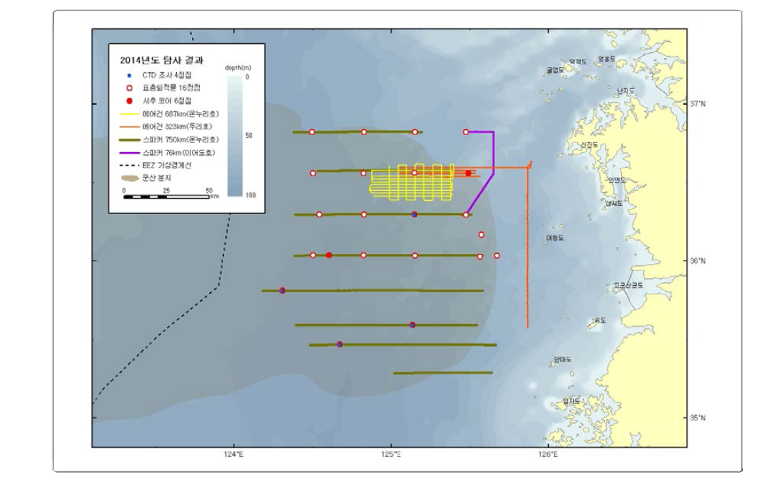 Air-gun and Sparker seismic survey lines, sediment (surface and piston core) and CTD water sample stations in the Kunsan Basin (2014).