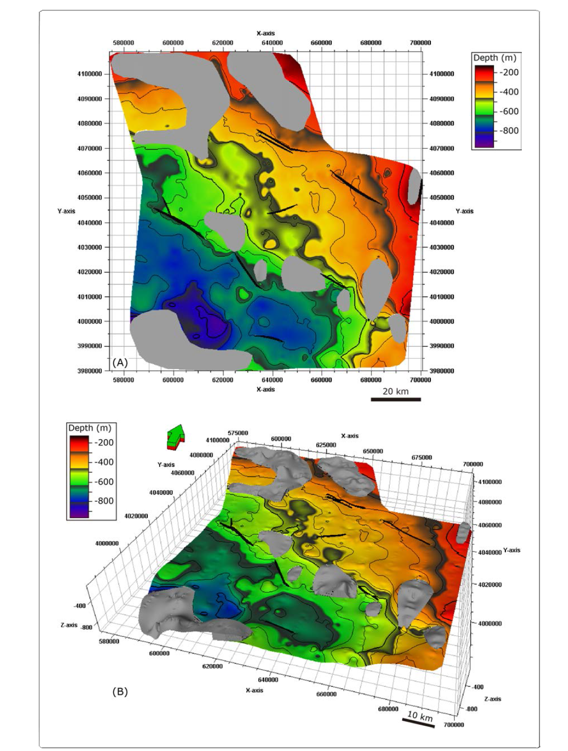 Depth structure of MMU in the Kunsan Basin. The contour interval is 50 m.