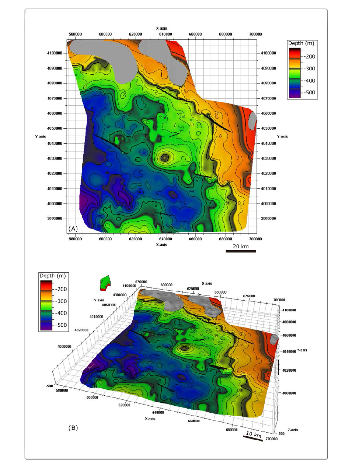 Depth structure of H1 in the Kunsan Basin. The contour interval is 50 m.