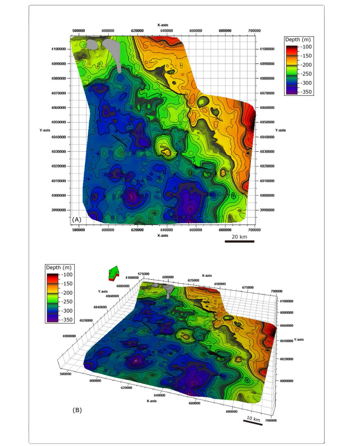 Depth structure of H2 in the Kunsan Basin. The contour interval is 50 m.