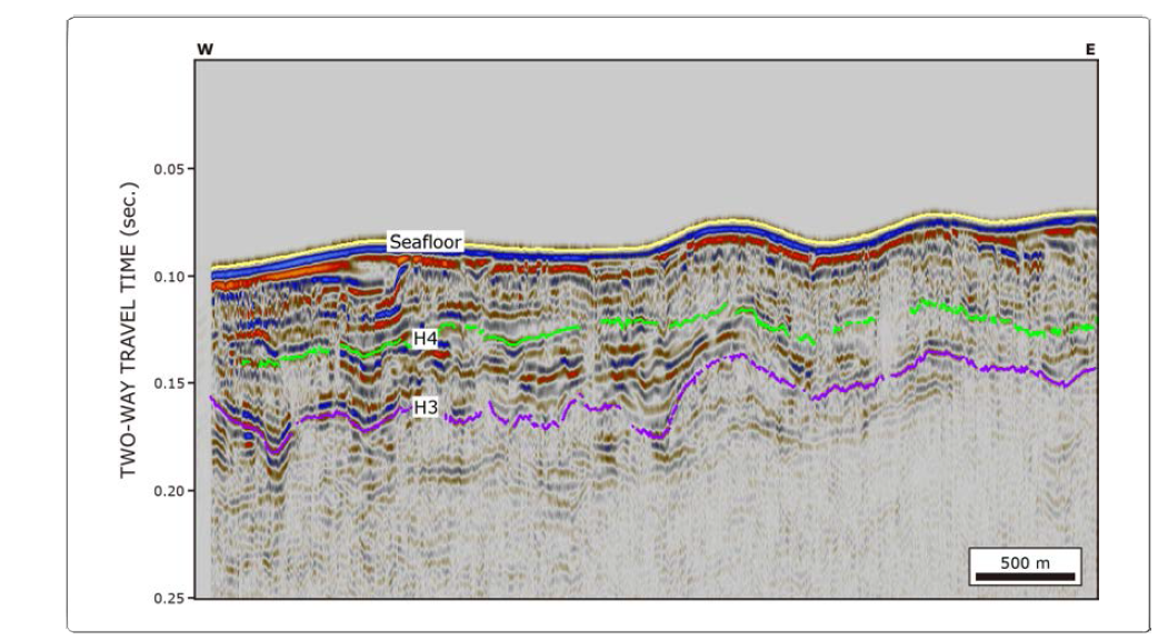 Assumed unconformities H3 and H4 in air-gun seismic reflection profile Line 4 (Fig. 3-2-39) in E-W direction in the Kunsan Basin in 2015.