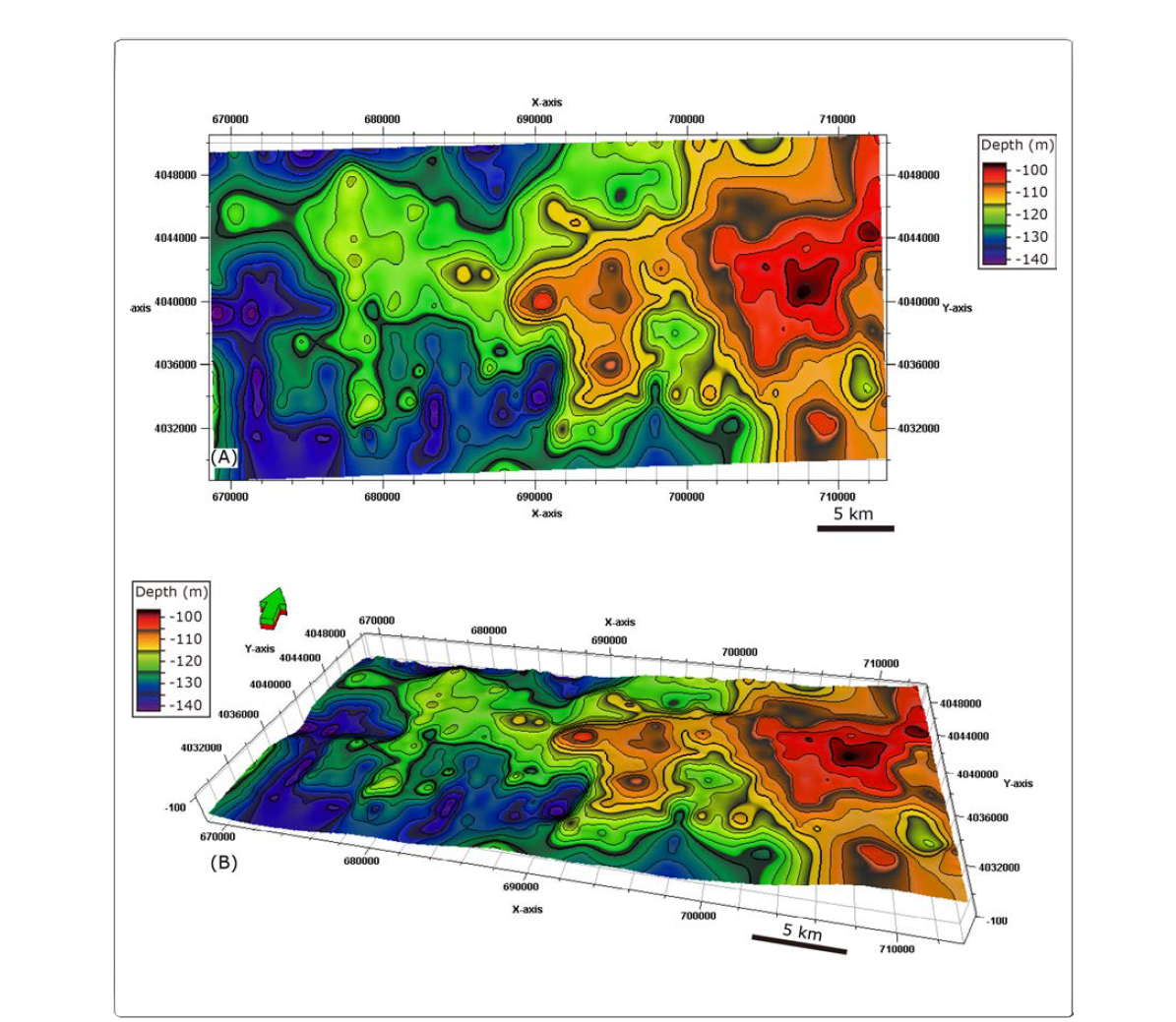 Depth structure of H3 in the Kunsan Basin. The contour interval is 25 m.