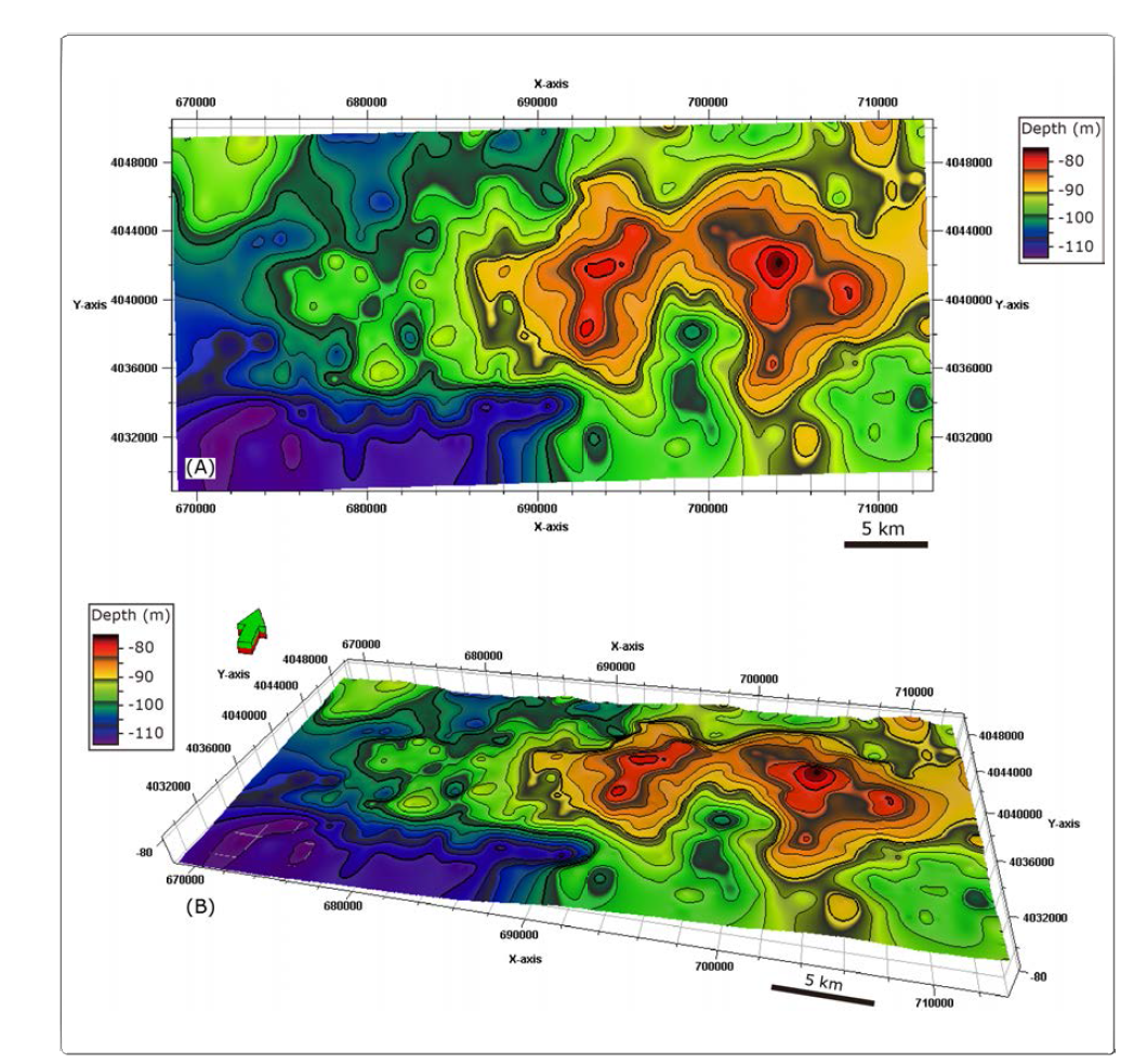 Depth structure of H4 in the Kunsan Basin. The contour interval is 25 m.