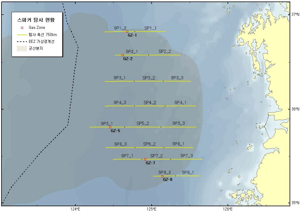 Sparker seismic survey lines in the Kunsan Basin (2013 to 2015).