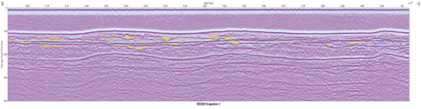 Interpreted Sparker seismic profile section (EEZ-SP-1 in 2013). Upper paleotop represents top of Holocene and lower paleotop represents top of Pleistocene. Yellow fills indicate paleo-channels of different ages.