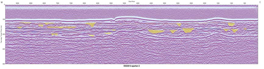 Interpreted Sparker seismic profile section (EEZ-SP-2 in 2013).