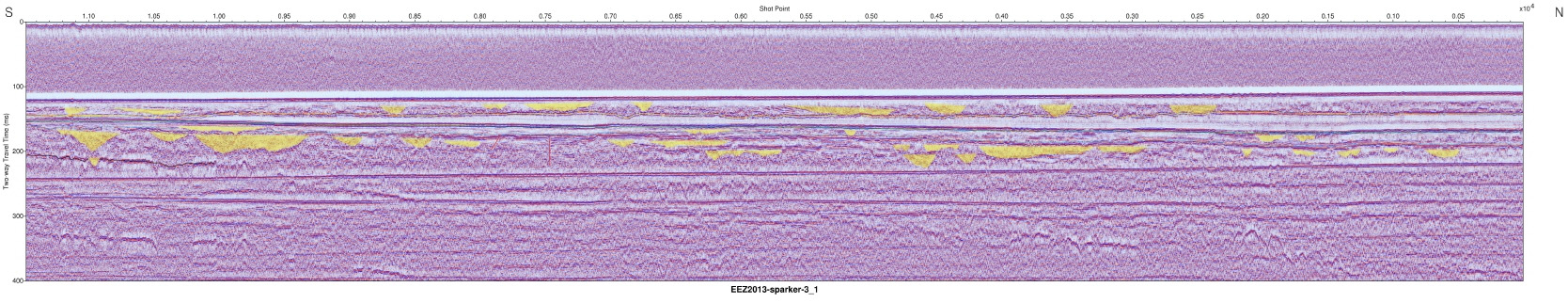 Interpreted Sparker seismic profile section (EEZ-SP-3-1 in 2013).