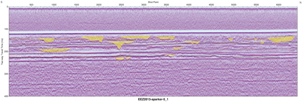 Interpreted Sparker seismic profile section (EEZ-SP-5-1 in 2013).