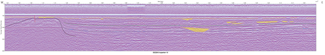 Interpreted Sparker seismic profile section (EEZ-SP-15 in 2013). The basement high formed near seafloor by volcanic activity.