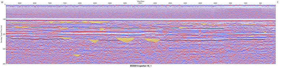 Interpreted Sparker seismic profile section (EEZ-SP-16-1 in 2013).