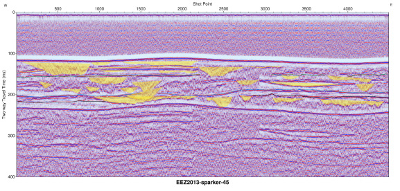 Interpreted Sparker seismic profile section (EEZ-SP-45 in 2013).