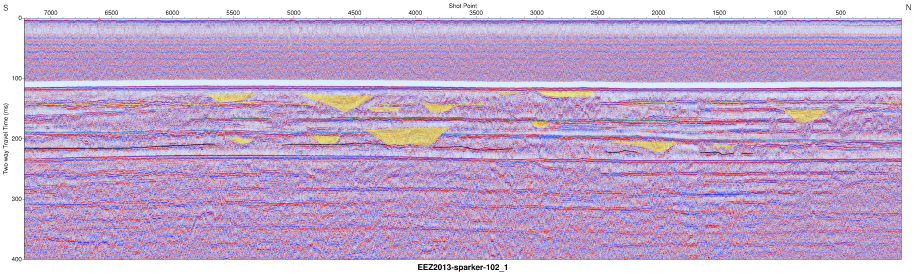 Interpreted Sparker seismic profile section (EEZ-SP-102-1 in 2013).