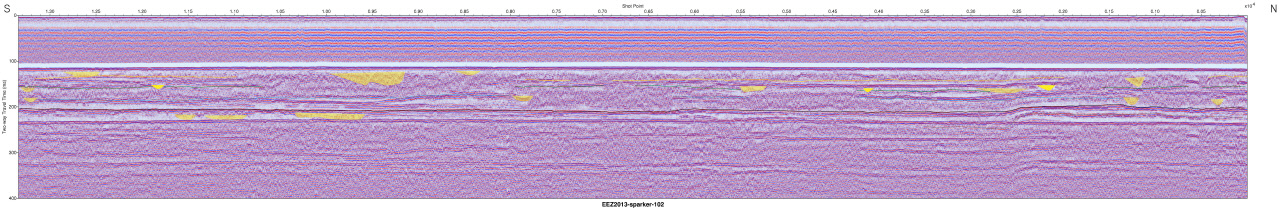 Interpreted Sparker seismic profile section (EEZ-SP-102 in 2013).