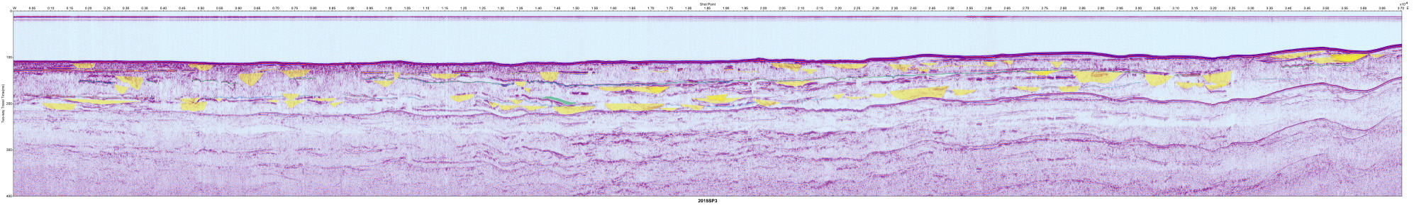 Interpreted Sparker seismic profile section (SP-03 in 2015).