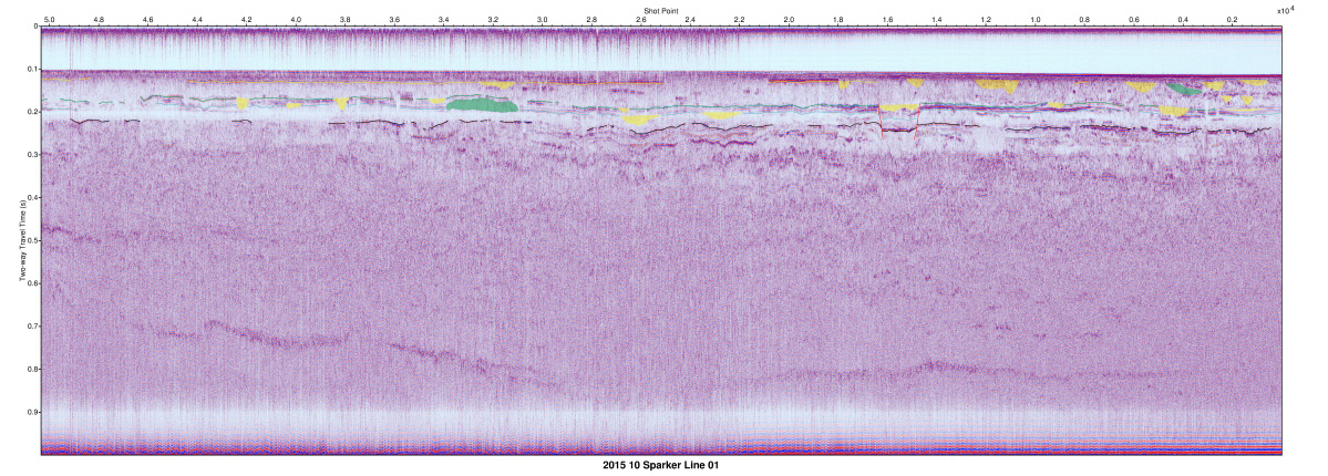 Interpreted Sparker seismic profile section (10-SP-01 in 2015).