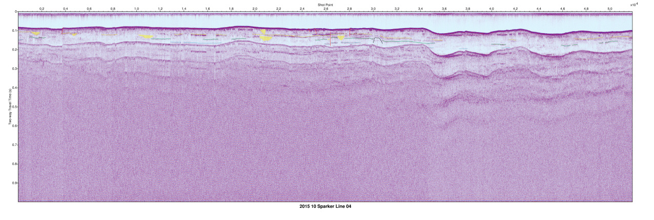 Interpreted Sparker seismic profile section (10-SP-04 in 2015).