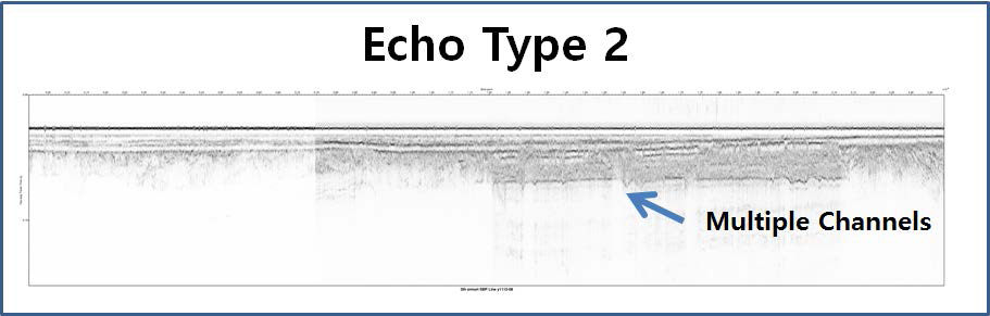 High-resolution Chirp subbottom profile showing acoustic characters and geometry of echo type 2. Arrow indicates the multiple channels.