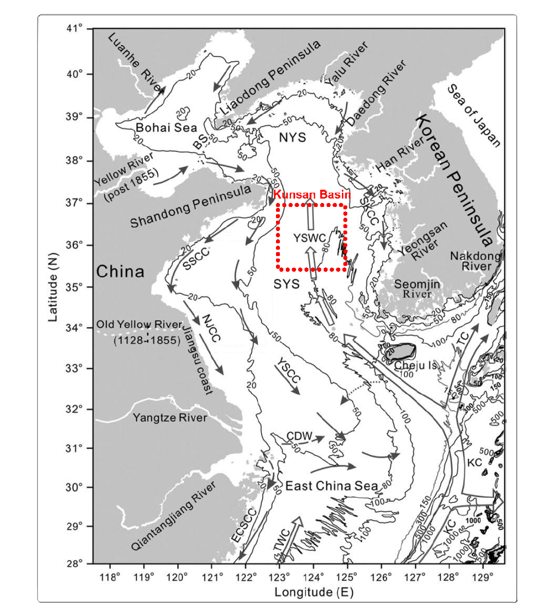 Schematic map of bathymetry and regional circulation pattern in the Yellow Sea and adjacent areas during wintertime (modified after Su, 1986; Guan, 1983).Water depth in meters. The dashed square indicates the Kunsan Basin. SYS, South Yellow Sea; NYS, North Yellow Sea; BS, Bohai Strait; KC, Kuroshio Current; YSWC, Yellow Sea Warm Current; TC, Tsushima Current; TWC, Taiwan Warm Current; YSCC, Yellow Sea Coastal Current; SKCC, South Korean Coastal Current; SSCC, South Shandong Coastal Current; NJCC, North Jiangsu Coastal Current; CDW, Changjiang Diluted Water; ECSCC, East China Sea Coastal Current