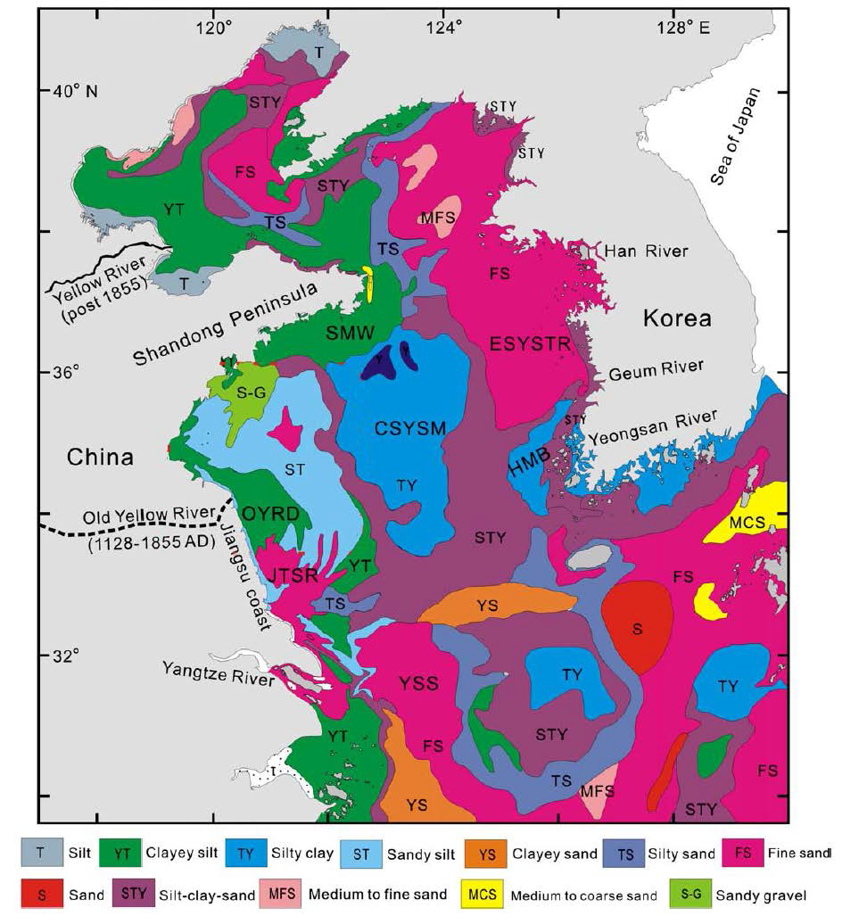 Distribution of surface sediment types in the Yellow Sea and adjacent seas (modified after Li et al., 2005). The sediment classification scheme is based on Shepard (1954). The dashed square indicates the Kunsan Basin. OYRD, Old Yellow River delta formed between 1128 and 1855 AD; SMW, Shandong mud wedge; CSYSM, central South Yellow Sea mud; ESYSTR, eastern South Yellow Sea tidal ridges; JTSR, Jiangsu tidal sand ridges; HMB, Heuksan mud belt; YSS, Yangtze sand shoal