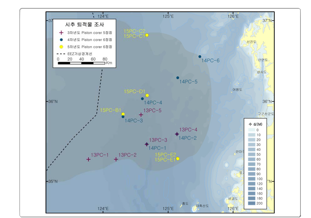 Map showing the location of piston core samples collected in the Kunsan Basin, Yellow Sea (2013-2015).