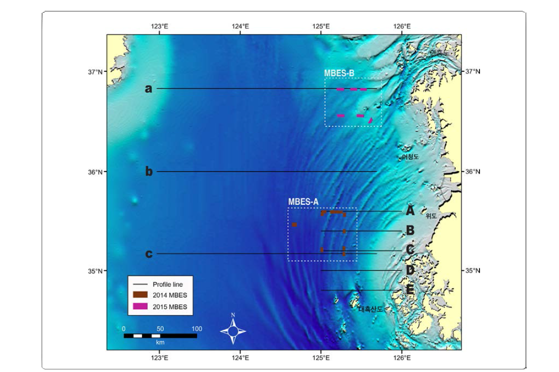 Yellow Sea DEM generated from the marine spatial information data of Korea Hydrographic and Oceanographic Agency (KHOA). W-E Sparker profile lines (in black) and MBES survey areas (in brown and purple) conducted in 2014~2015.