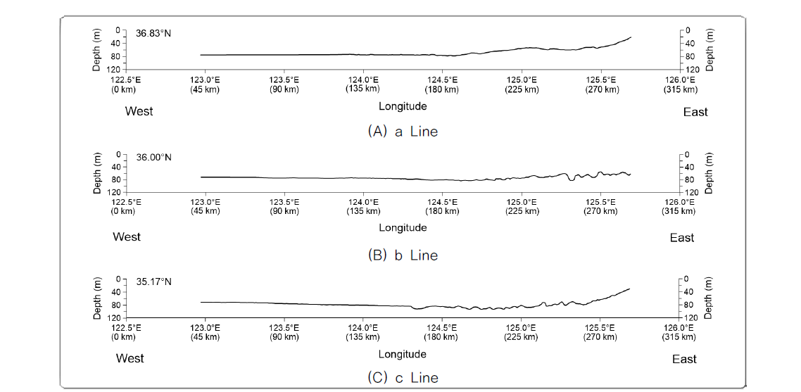 W-E bathymetric profiles in Yellow Sea. Location of each profile line is shown in Fig. 3-2-125.