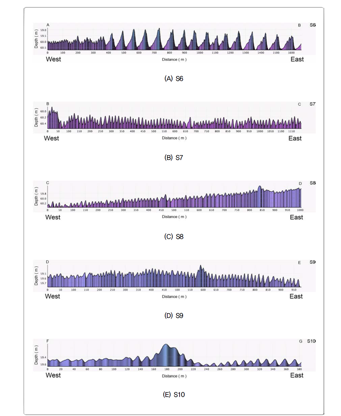 Bathymetric profiles along the NT38 survey line. Each subarea (S6~S10) is indicated in Fig. 3-2-129. Sandwave system with about 100 m wave length is well developed following by sandwave system with 16~26 m in wave length (S6). The bedforms tend to decrease toward the east (landward direction).