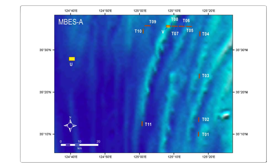 MBES survey lines (T01~T11) and areas (U and V site) conducted in 2014. Location of the MBES-A area is indicated in Fig. 3-2-125.